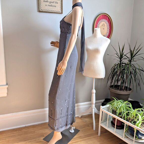 Vintage Y2K Phoebe Maxi Dress Gray Beaded Fairycore Regency Prom Size 10P - Picture 11 of 14